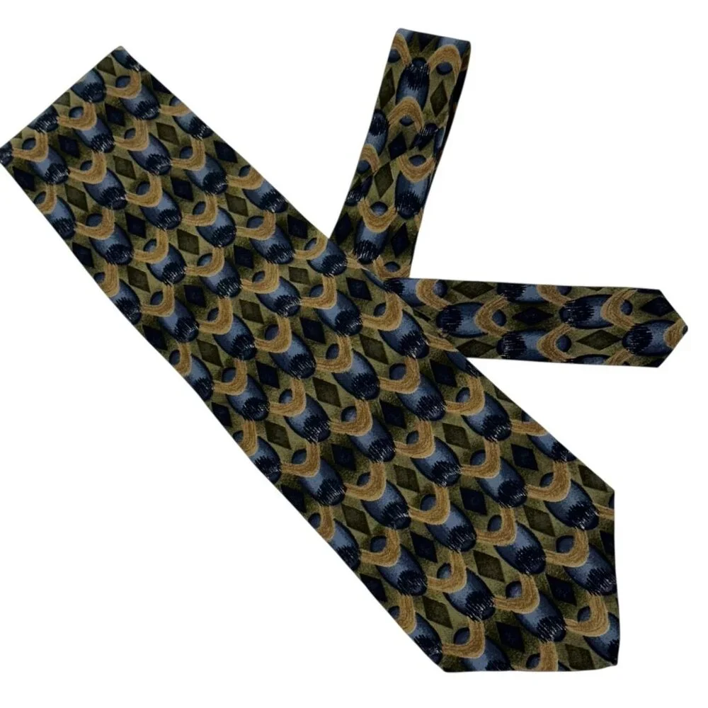 Henry Grethel Mens Silk Tie Green Blue Gold Geometric Italian Fabric Made in USA